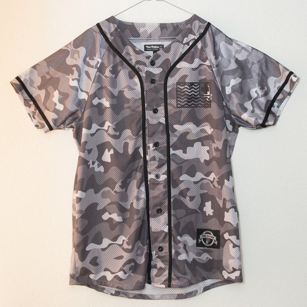 Pink Dolphin Camouflage Button Up Jersey Gray and White Men's XL